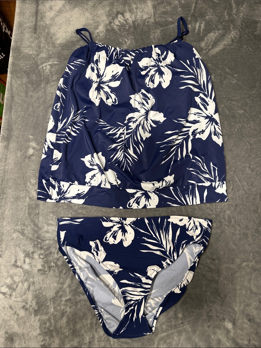 EUC VENUS Blue & White Tropical Blouson Tankini Top & Bikini Bottom Sz 12/14